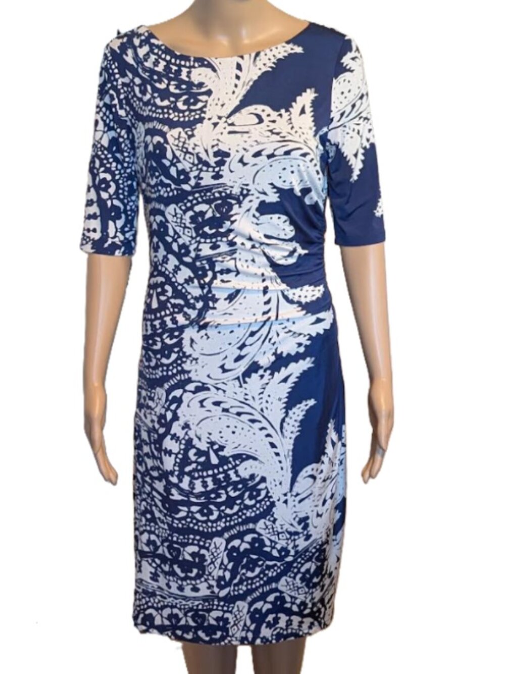 Jones New York Blue White Paisley Sheath Dress Size 10 Ruched Midi Workwear